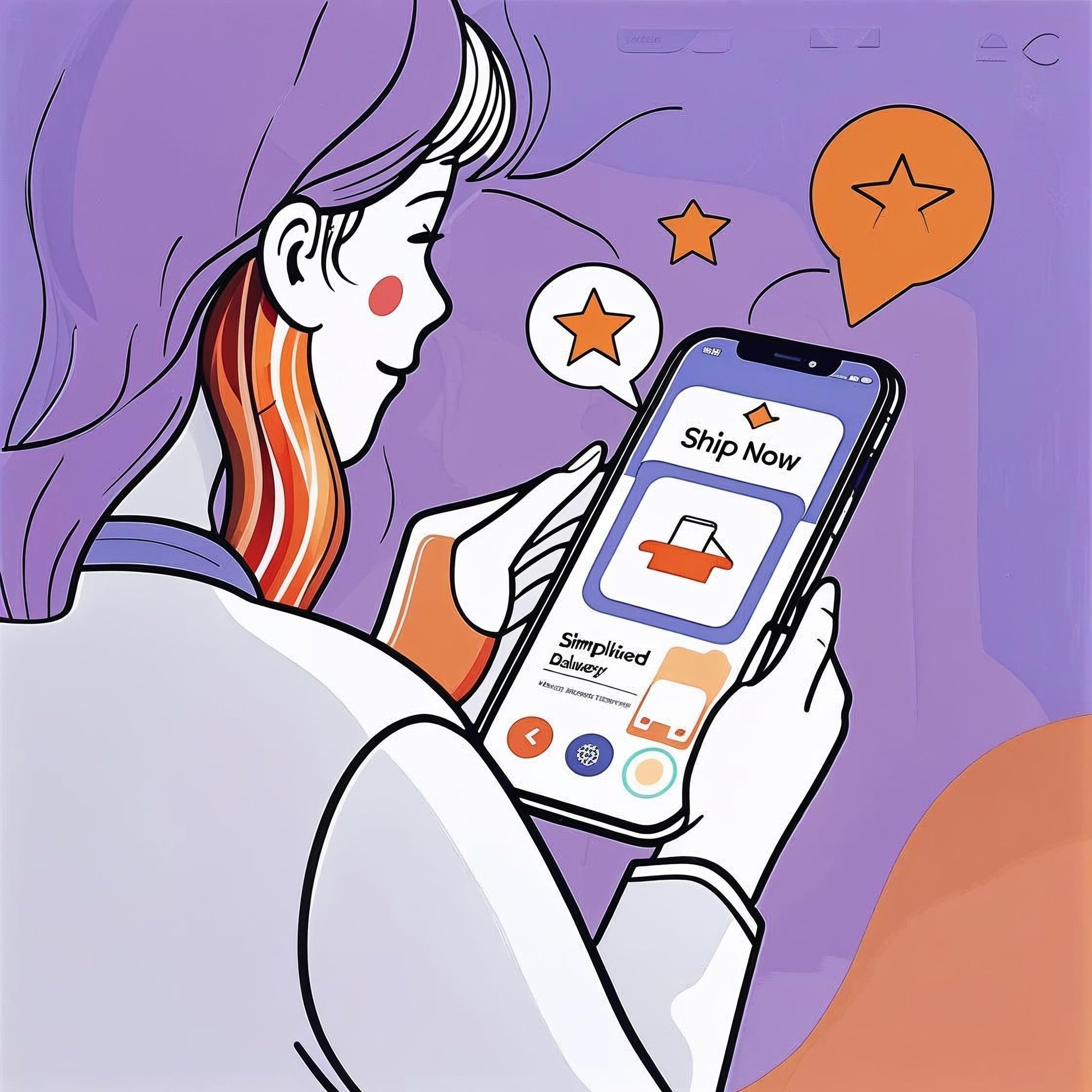 A line-art style illustration of a customer using a mobile phone or computer. The screen shows a Ship Now button. A notification or message bubble pops up with delivery details. Background includes digital el (2)