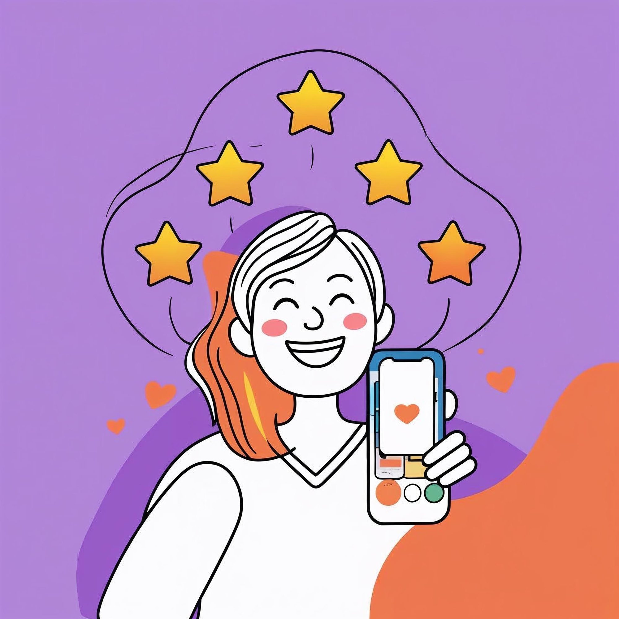 A line-art style illustration of a happy customer giving a five-star rating on a mobile app or website. The screen shows glowing stars and a smiling customer face. Optional heart or thumbs-up icons. Modern, cle (1)