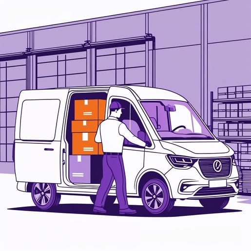 A line-art style illustration showing a logistics vehicle picking up packages from a warehouse. A worker in uniform is loading boxes into a small electric delivery van. Background includes a modern warehouse buildi