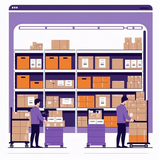A minimalist line-art illustration of logistics staff sorting packages in a modern dark store—a small warehouse with shelves and scanning stations. Boxes are labeled and organized by zone. The space is tech-enabl