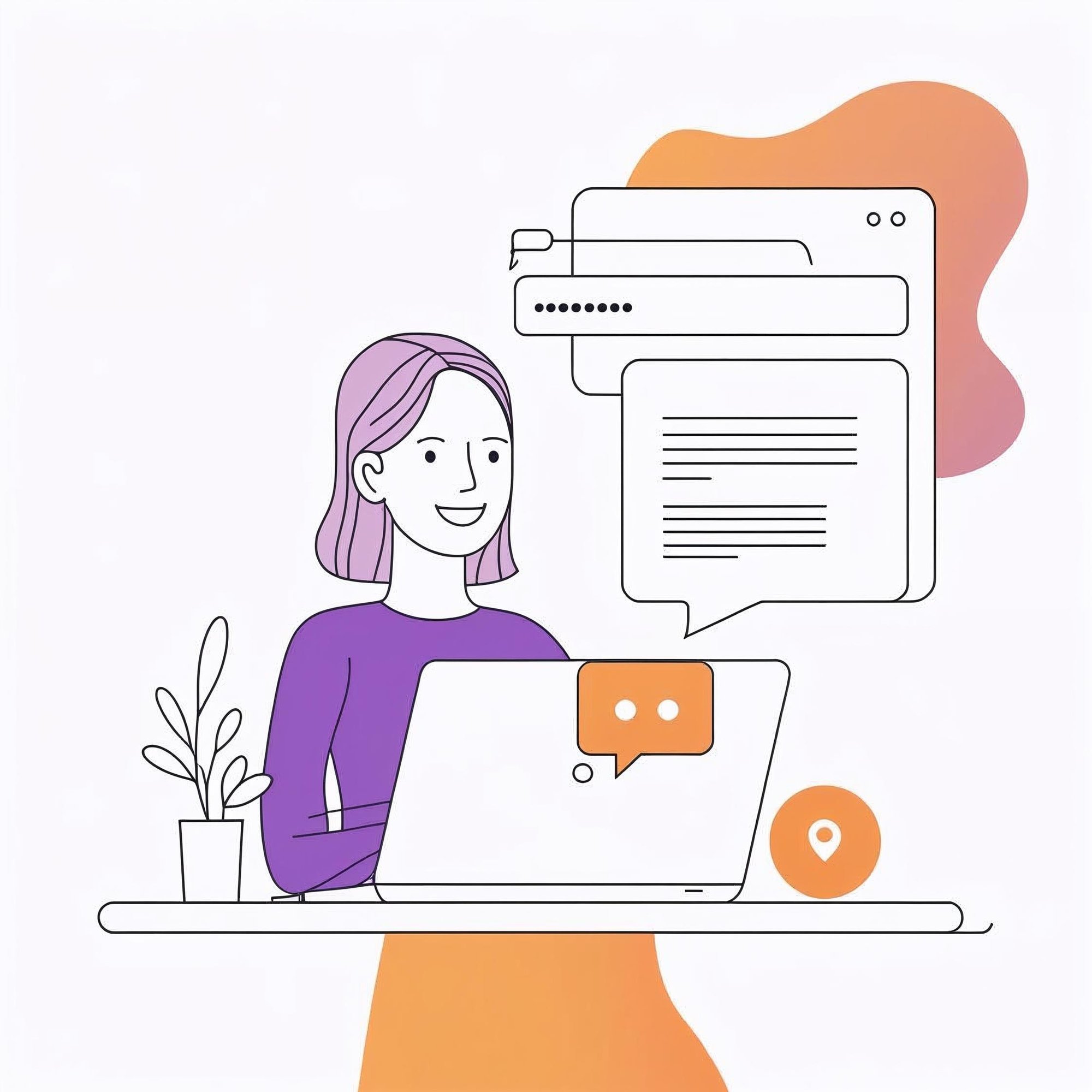 A minimalist, line-art style illustration of a customer reaching out to contact a logistics company. Show a gender-neutral person using a laptop or smartphone with a chat bubble, email icon, or headset support symb