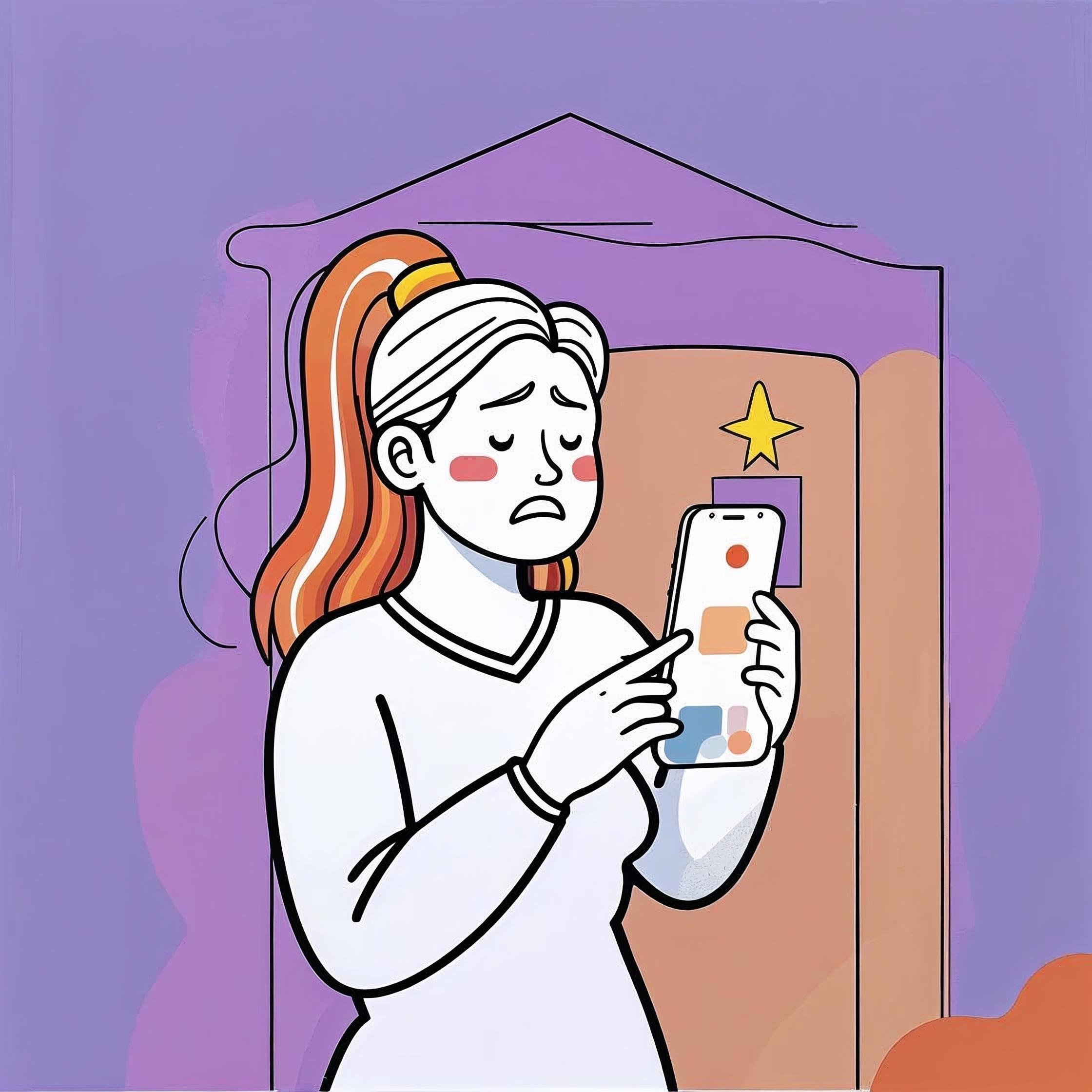 A minimalist, line-art style illustration of a frustrated customer experiencing a bad delivery. The person is standing at their front door, holding a damaged package or checking a delayed delivery message on their 