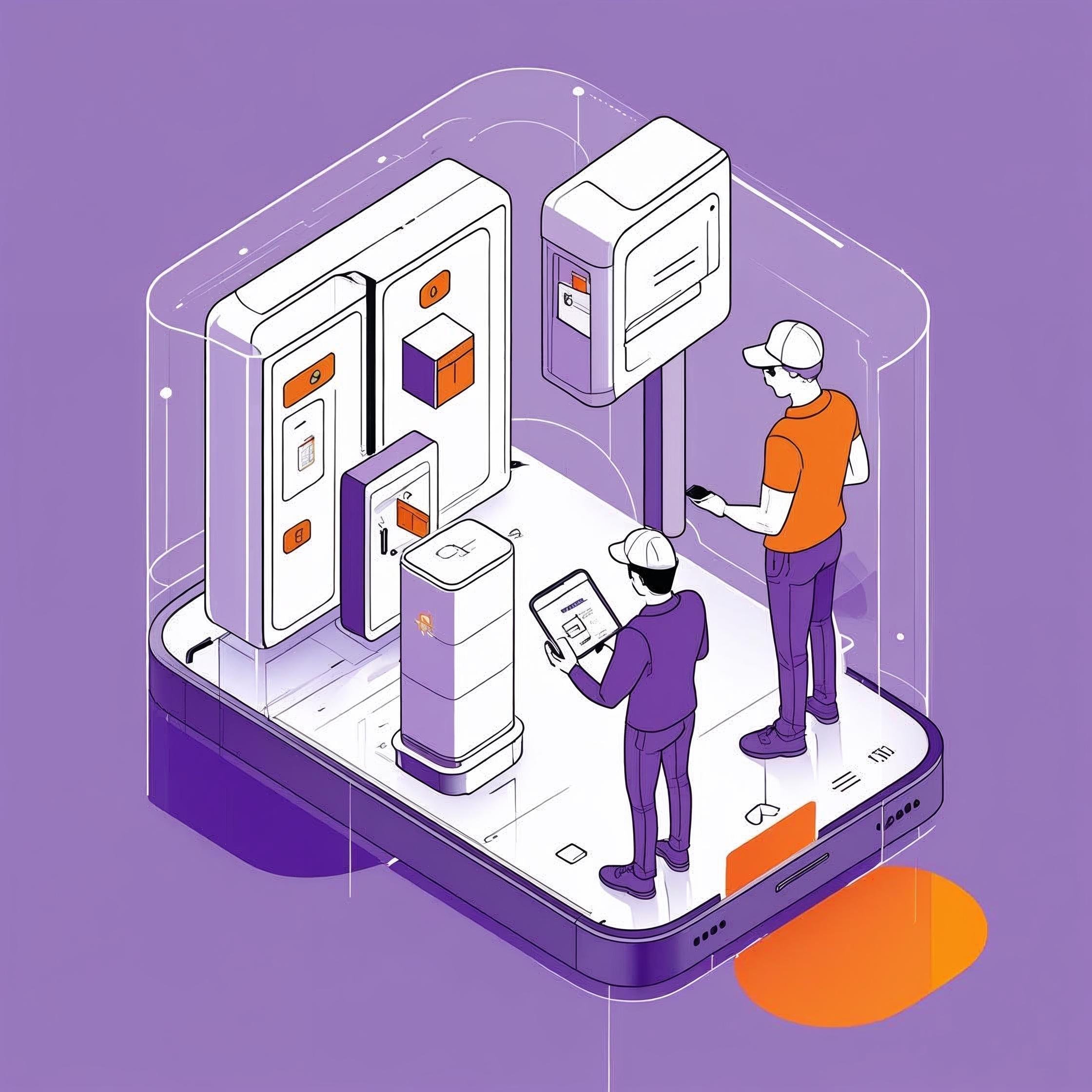 A minimalist, line-art style illustration of an innovative delivery experience. A courier uses smart technology like a tablet or autonomous delivery vehicle to complete a high-tech, seamless delivery. Include eleme