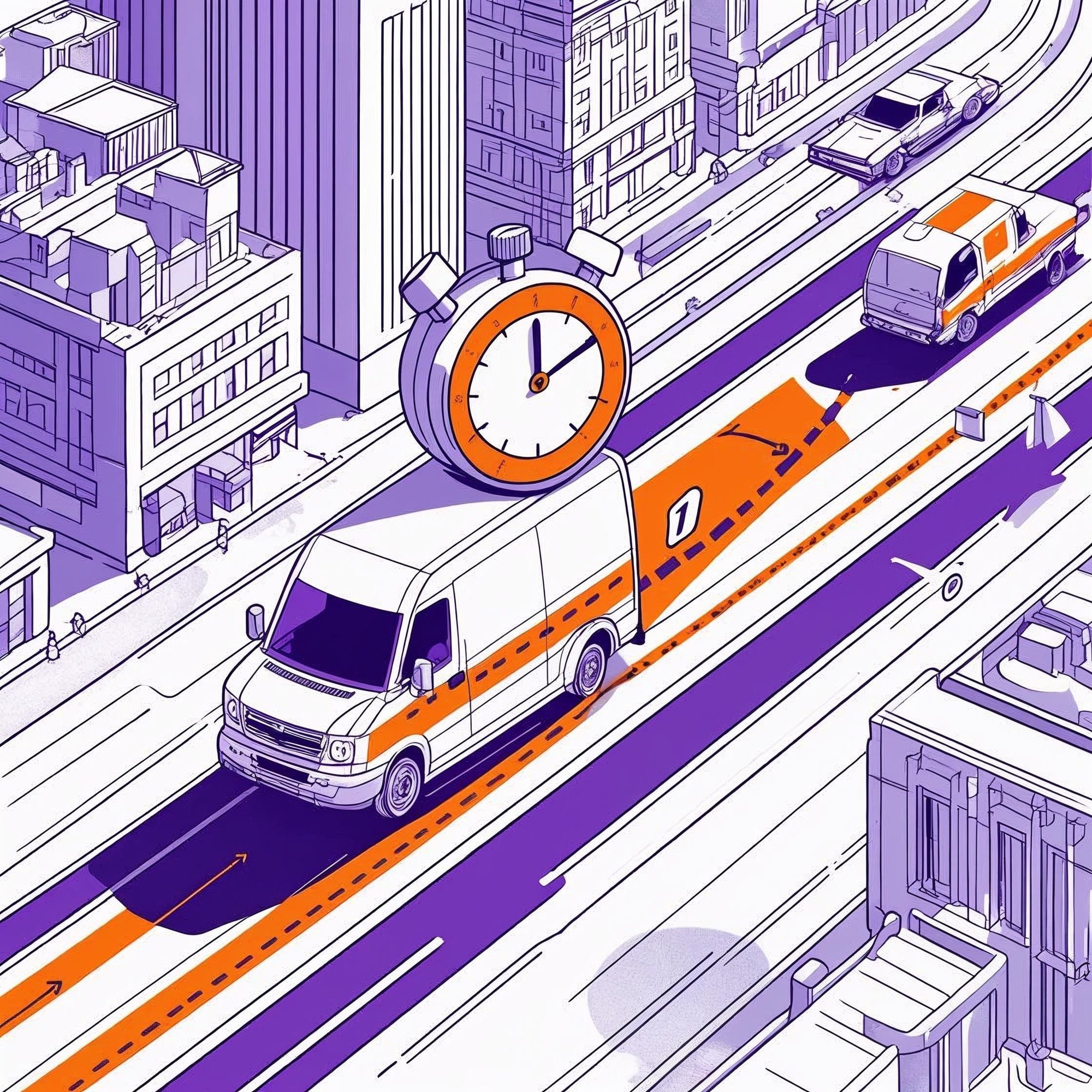 A modern line-art illustration of a fast delivery in action. A courier on a van moves through a cityscape with a package. A clock icon or stopwatch shows 1-hour timing. Dashed delivery route lines lead to a des (1)