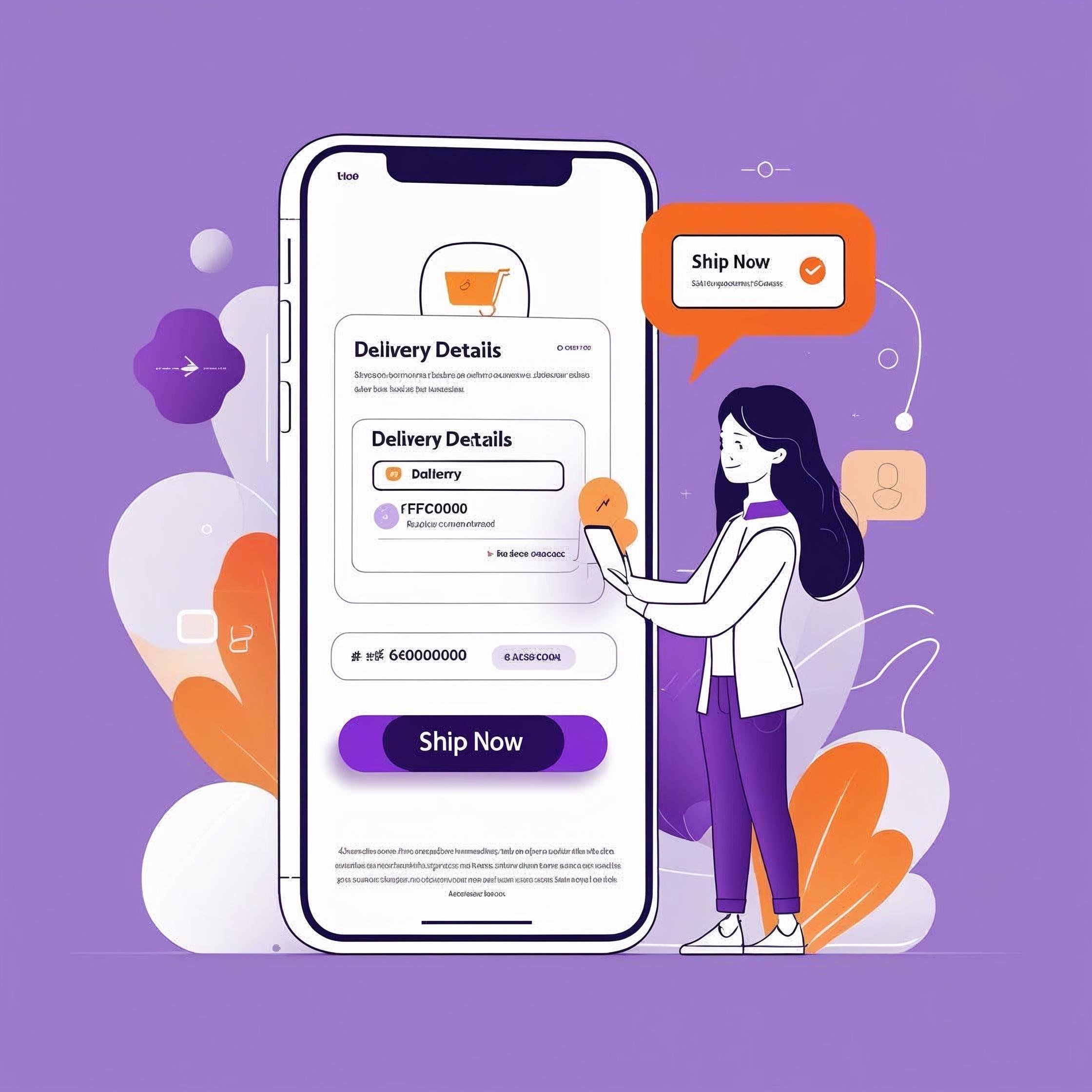_A line-art style illustration of a customer using a mobile phone or computer. The screen shows a Ship Now button. A notification or message bubble pops up with delivery details. Background includes digital eleme